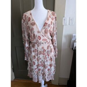 Super Natural Floral Mandala Long Sleeve Mini Wrap Dress Boho Cream Small